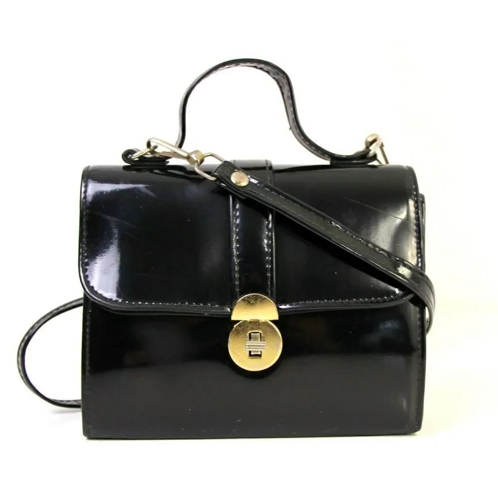 TRUE VINTAGE BLACK VINYL TURN LOCK FLAP MINI SHOULDER BAG HANDBAG POUCH PURSE